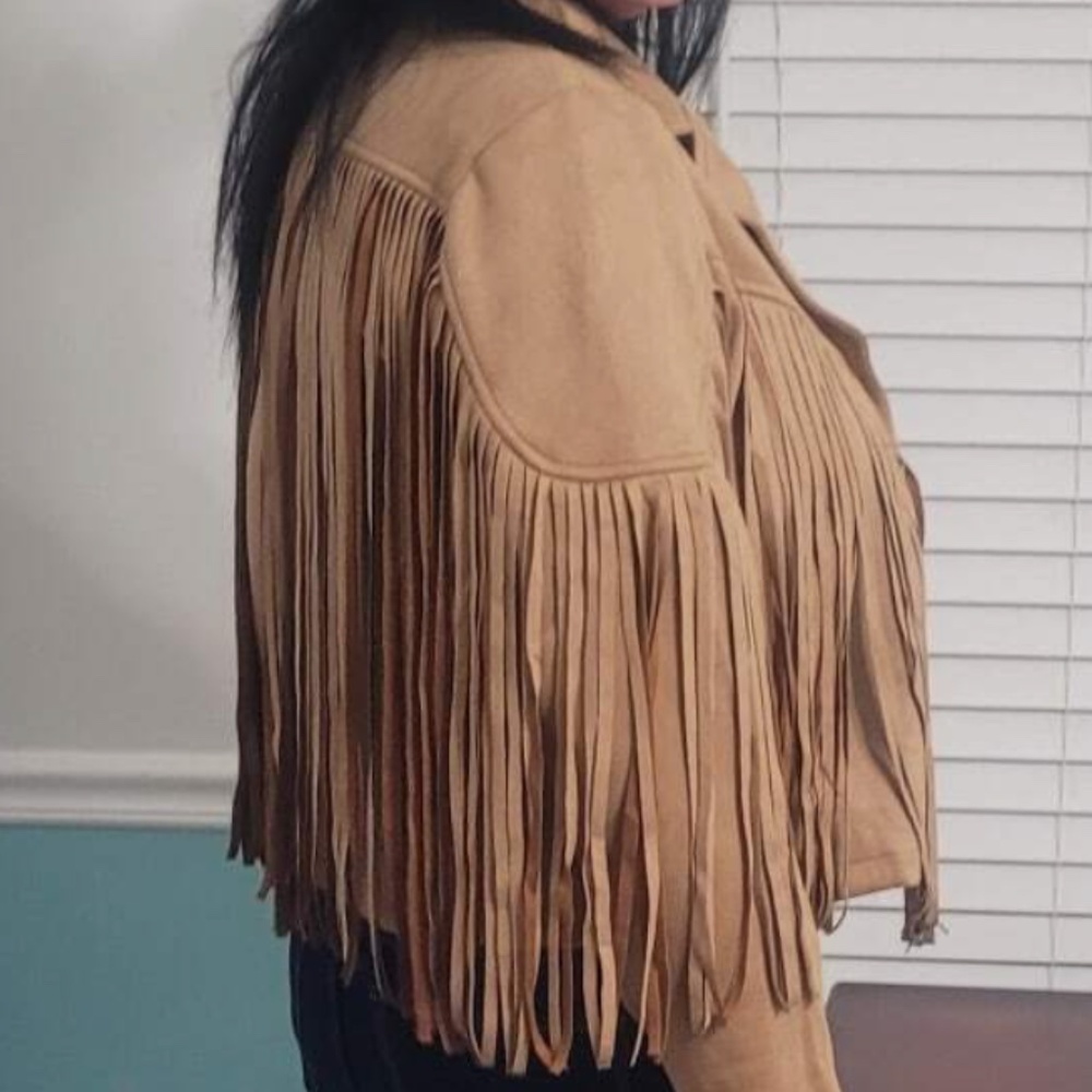 Western Tan Vegan Suede Fringe Jacket - Picture 3 of 5